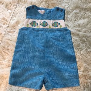 Blue Searsucker fish boys Romper 12month